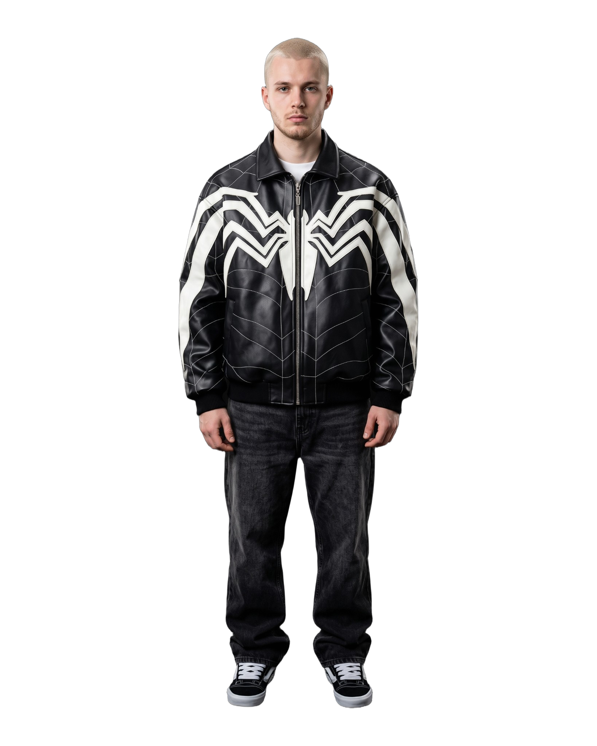 Spider Web Faux-Leather Jacket on a model, full length