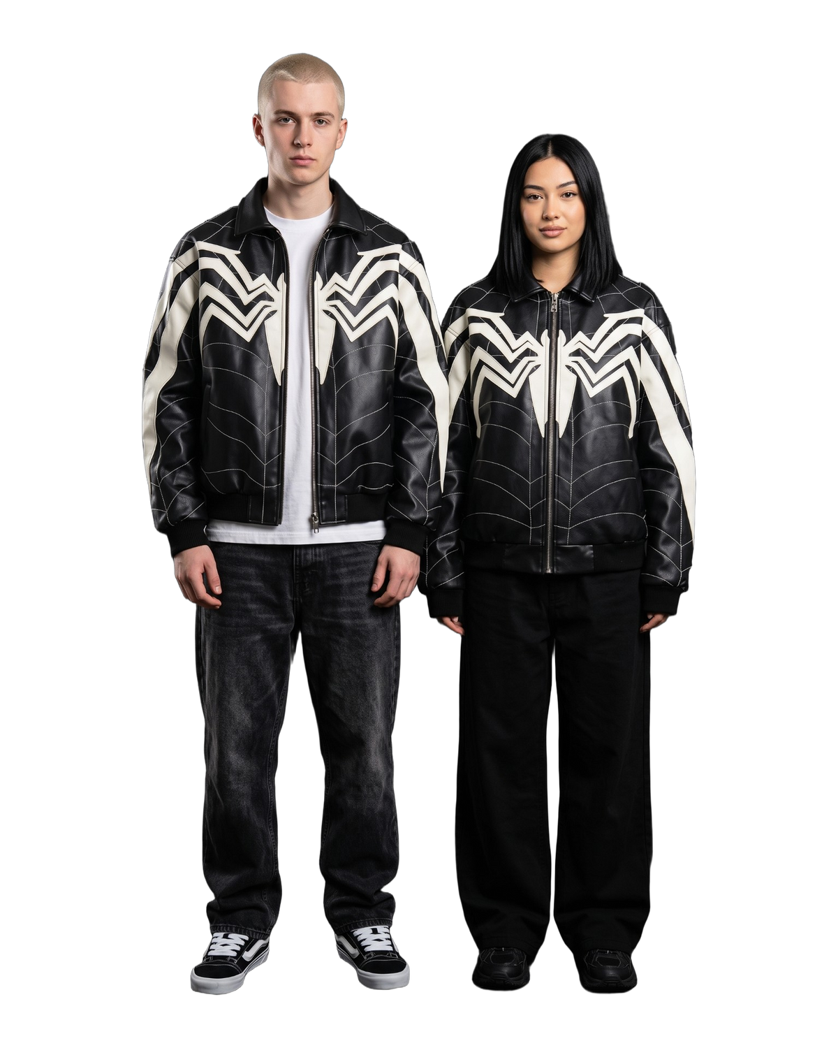 Two friends wearing the Spider Web Faux-Leather Jacket