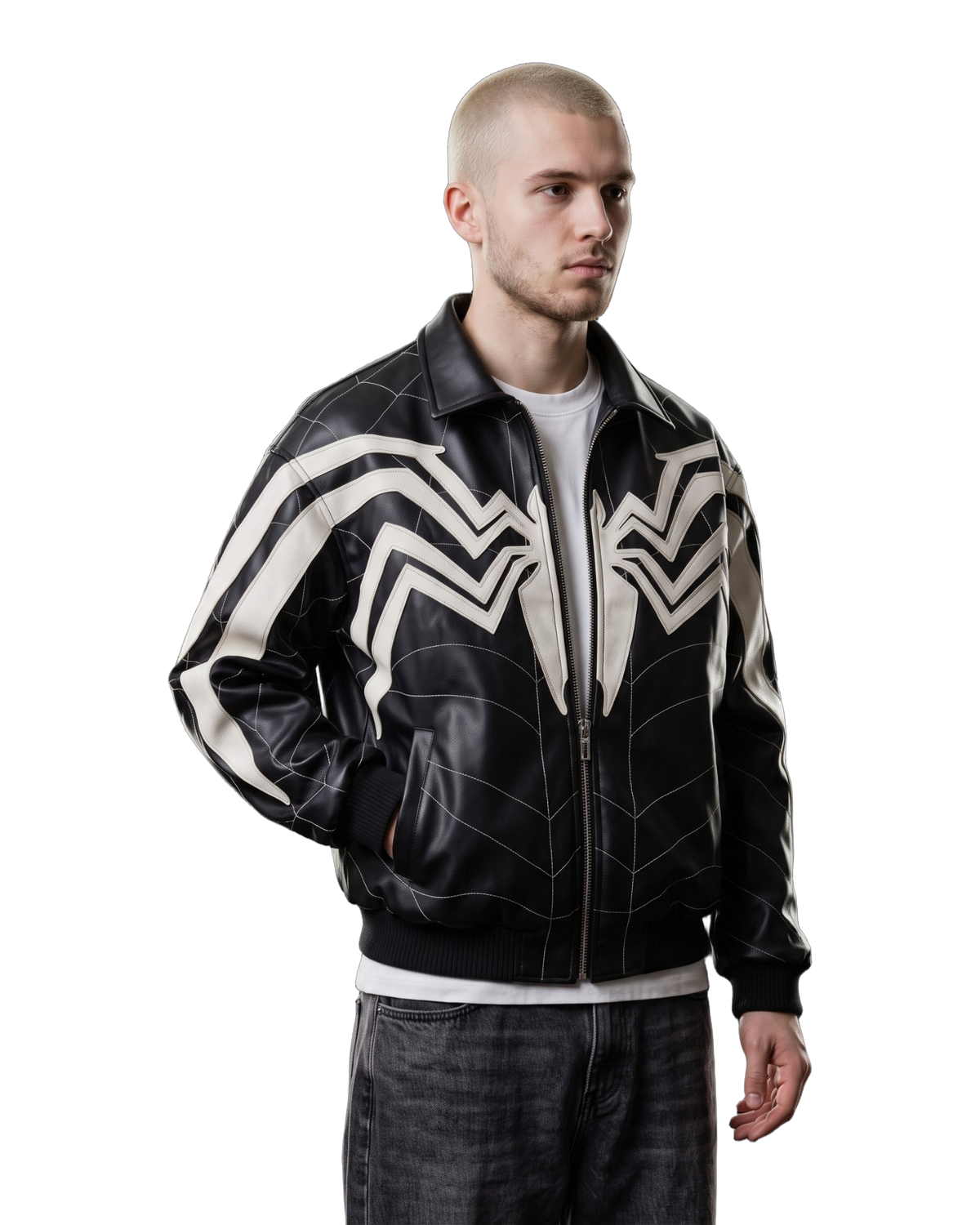 Spider Web Faux-Leather Jacket on a model, 3/4 view